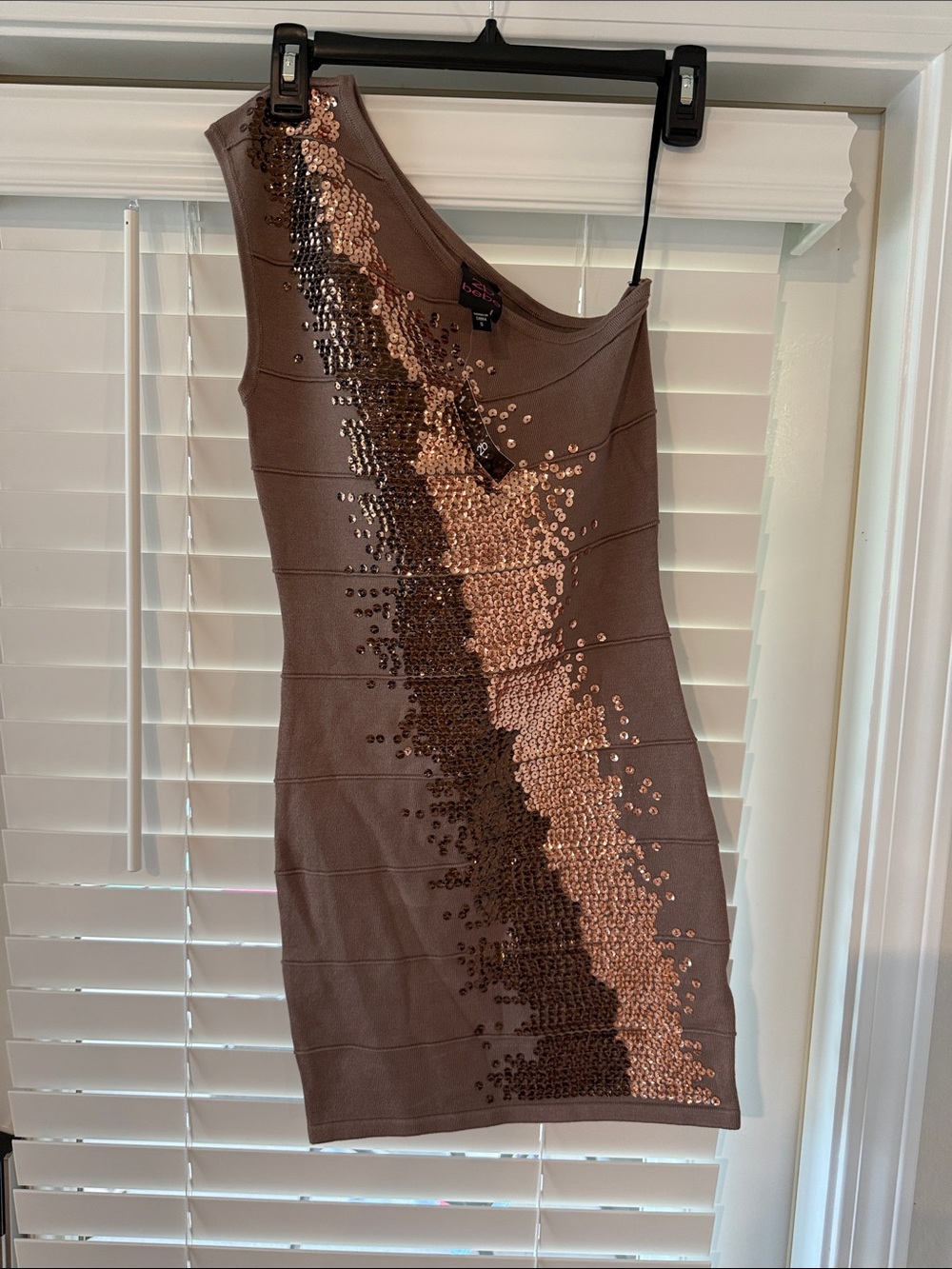 2B Bebe One-Shoulder Sequin Bodycon Dress in Taupe with Rose-Gold Accents